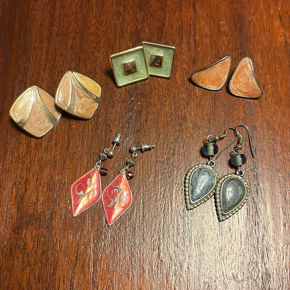 #3 Vintage Earring Lot of 5- Green, Orange, Yellow, Red Blue Studs and Dangles